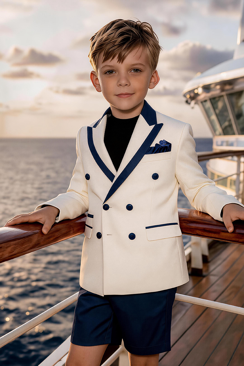 Boys White Navy Trim Double Breasted Blazer & Navy Shorts 2-piece Suit
