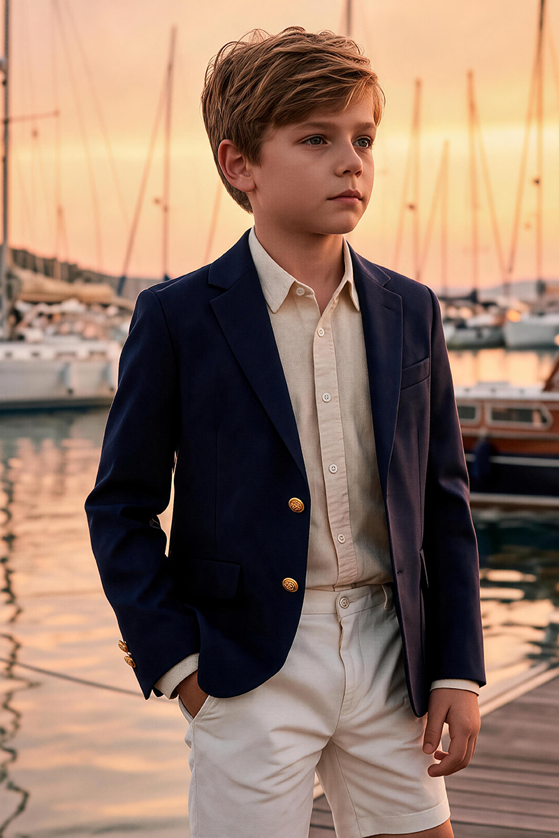 Boys Navy Notch Lapel Blazer & White Tailored Shorts 2-piece Suit