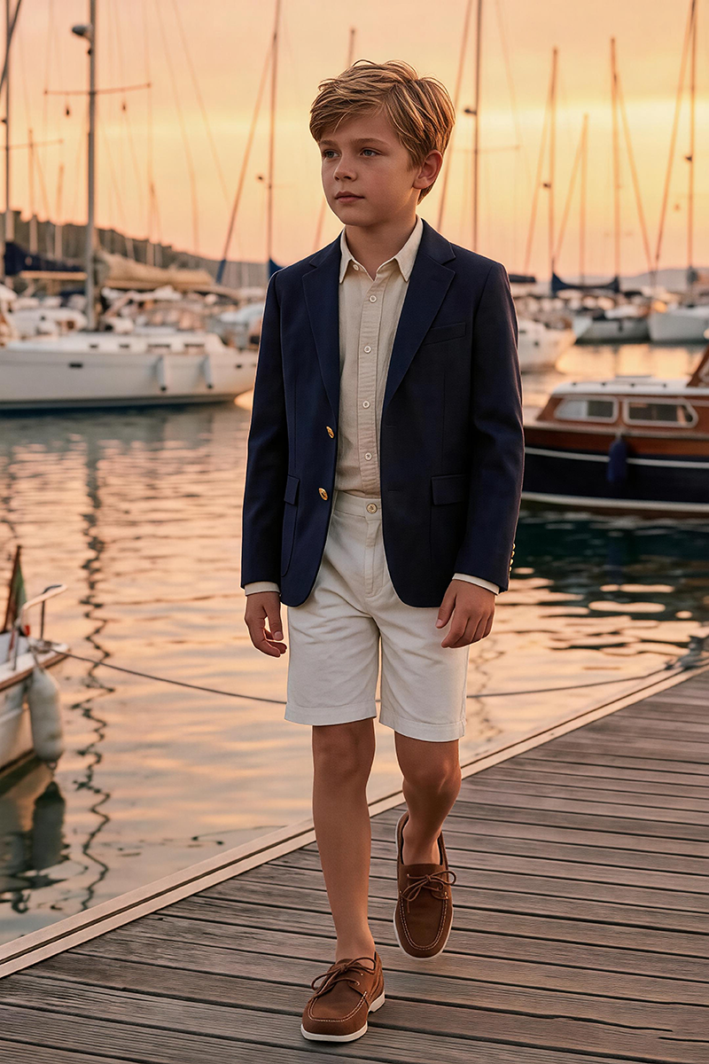 Boys Navy Notch Lapel Blazer & White Tailored Shorts 2-piece Suit