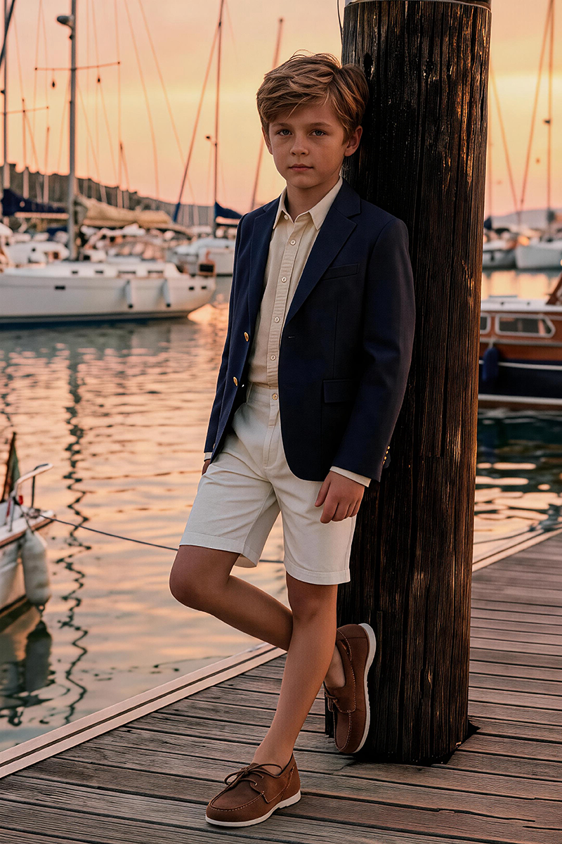 Boys Navy Notch Lapel Blazer & White Tailored Shorts 2-piece Suit