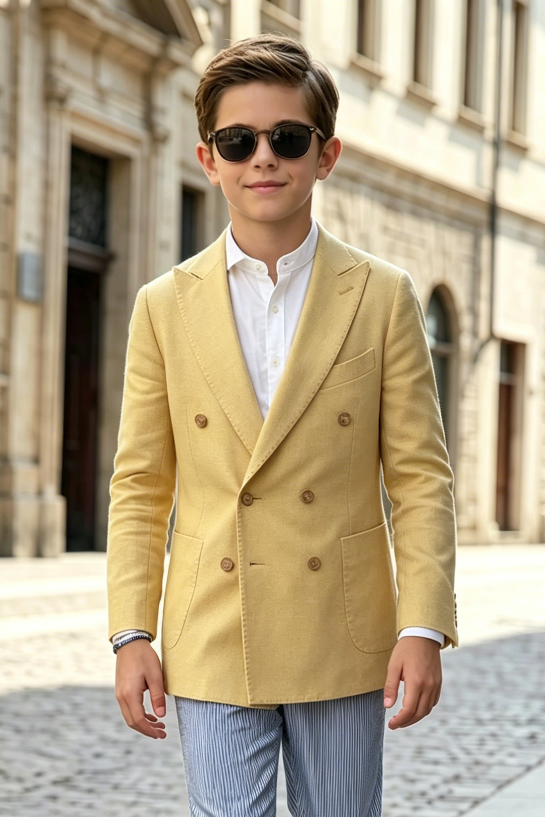 Lemon Yellow Linen-Blend Double-Breasted Blazer Jacket