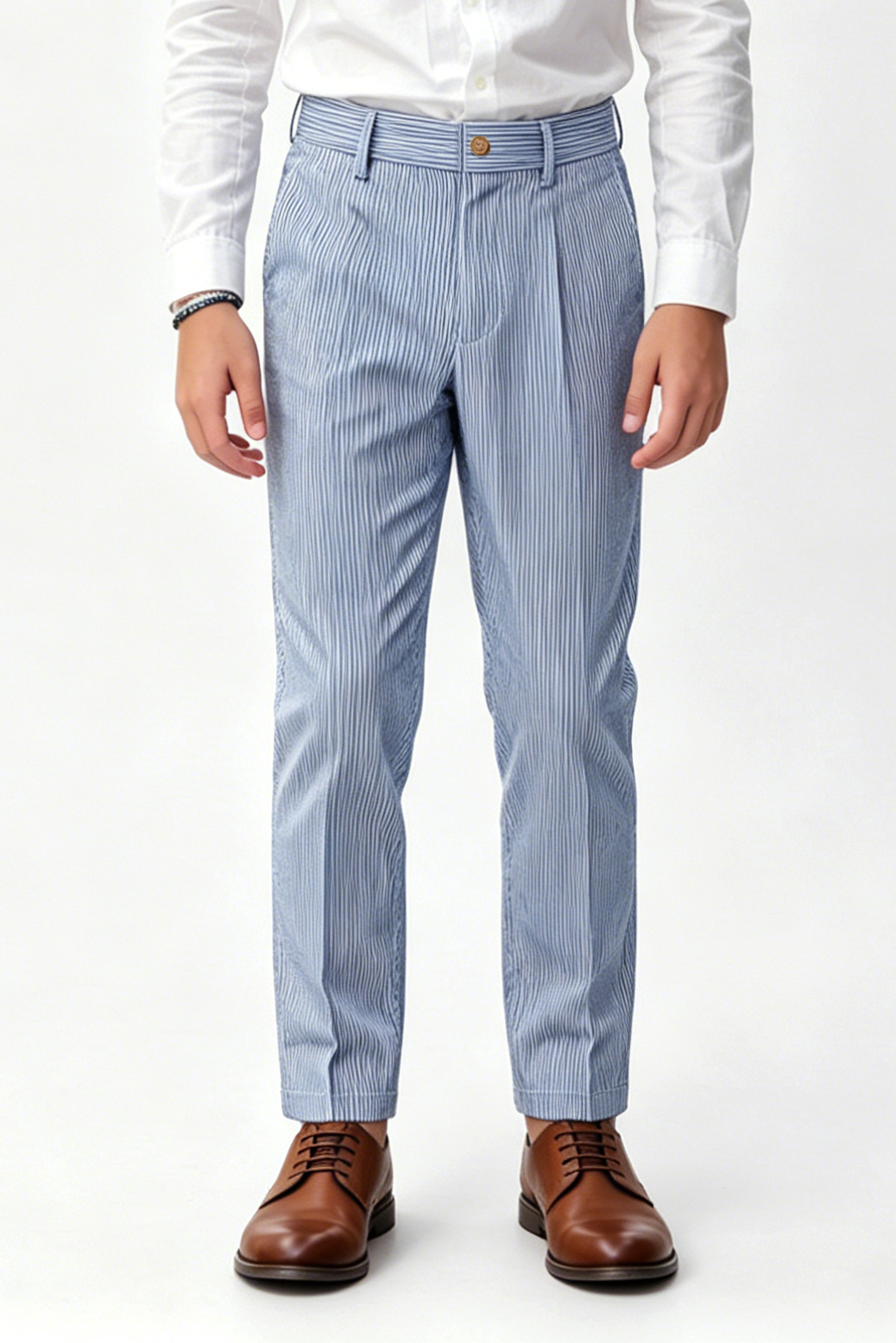 Denim Blue White Pinstripe Serge-Blend Straight-Leg Pants