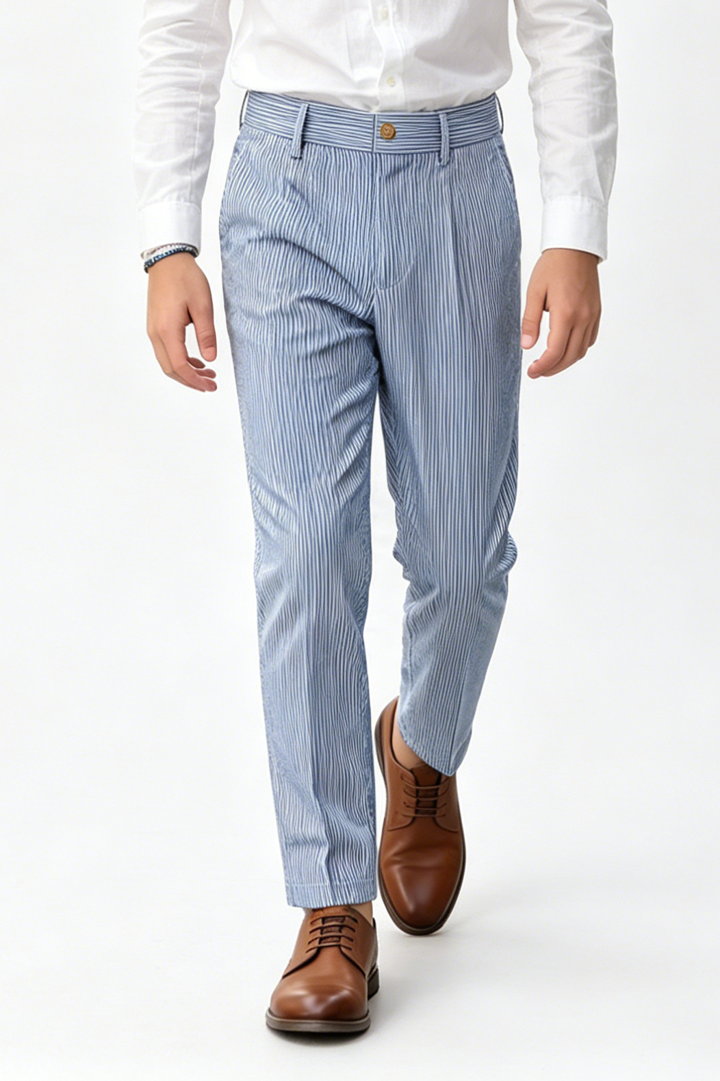 Denim Blue White Pinstripe Serge-Blend Straight-Leg Pants