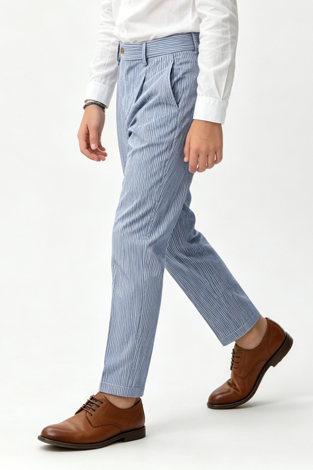 Denim Blue White Pinstripe Serge-Blend Straight-Leg Pants