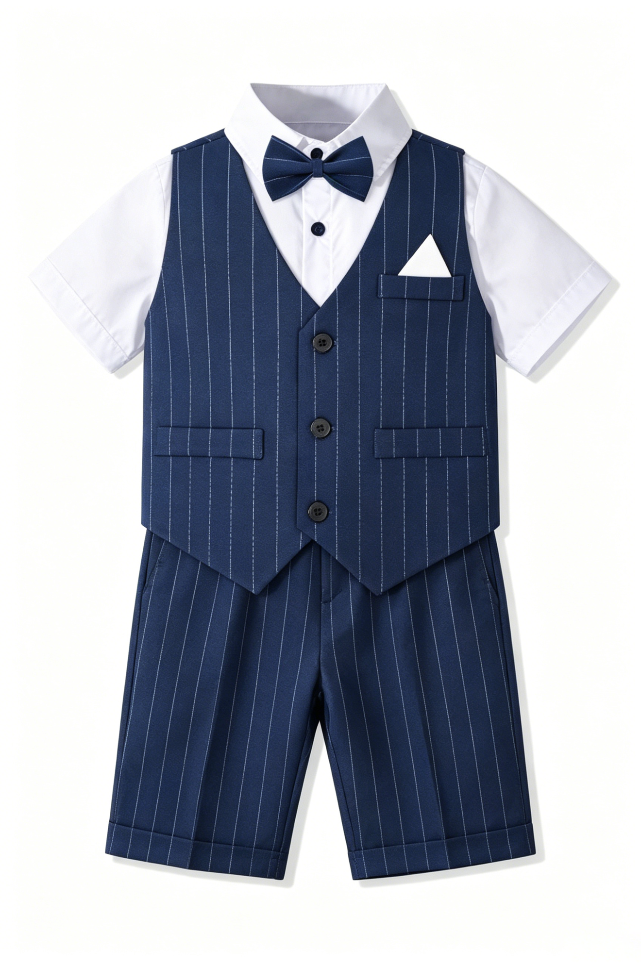 Navy Pinstripe Serge-Blend Single-Breasted Waistcoat 4-Piece Boys Formal Suit