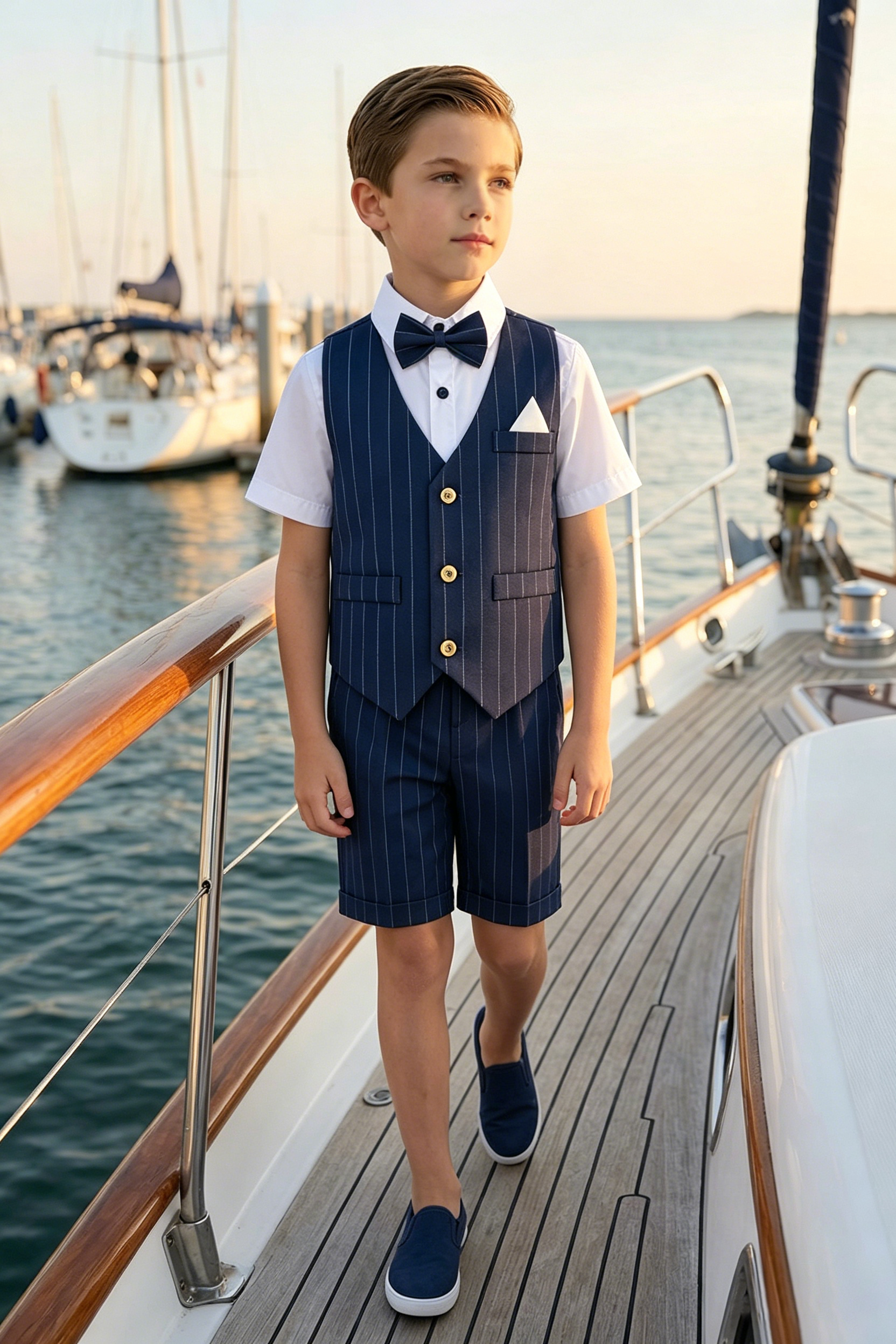 Navy Pinstripe Serge-Blend Single-Breasted Waistcoat 4-Piece Boys Formal Suit
