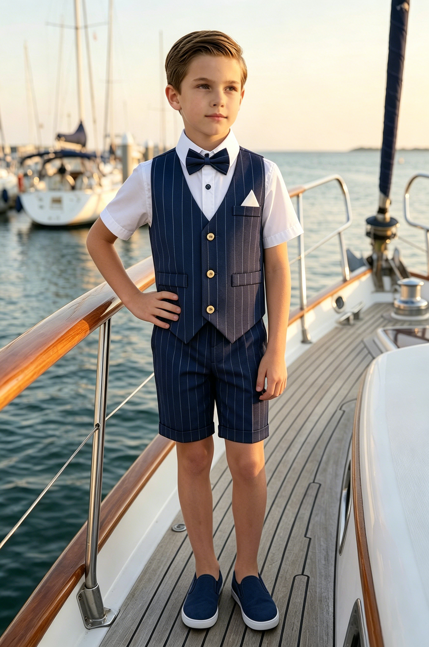 Navy Pinstripe Serge-Blend Single-Breasted Waistcoat 4-Piece Boys Formal Suit