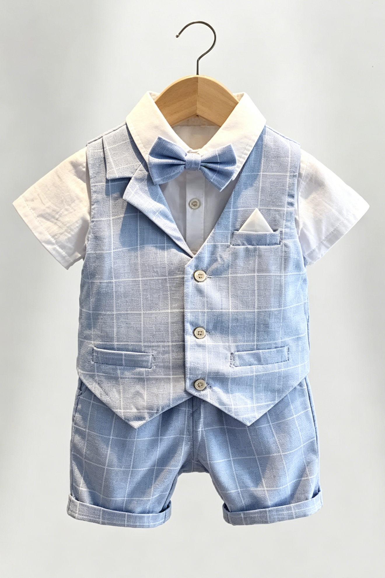 Light Blue Grid Serge-Blend Notched Lapel Single-Breasted 4-Piece Suit