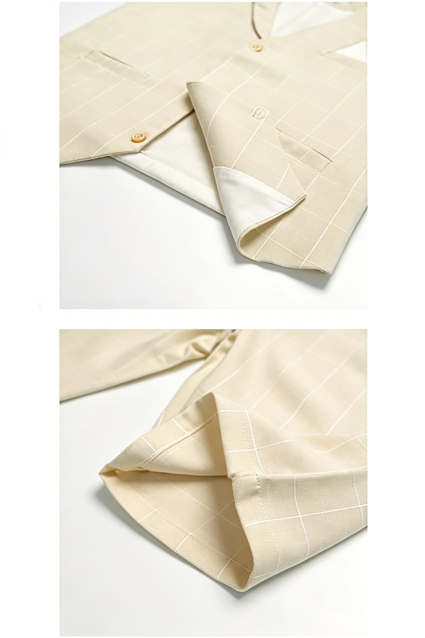 Beige Plaid Serge-Blend Single-Breasted Waistcoat & Shorts 4-Piece Set