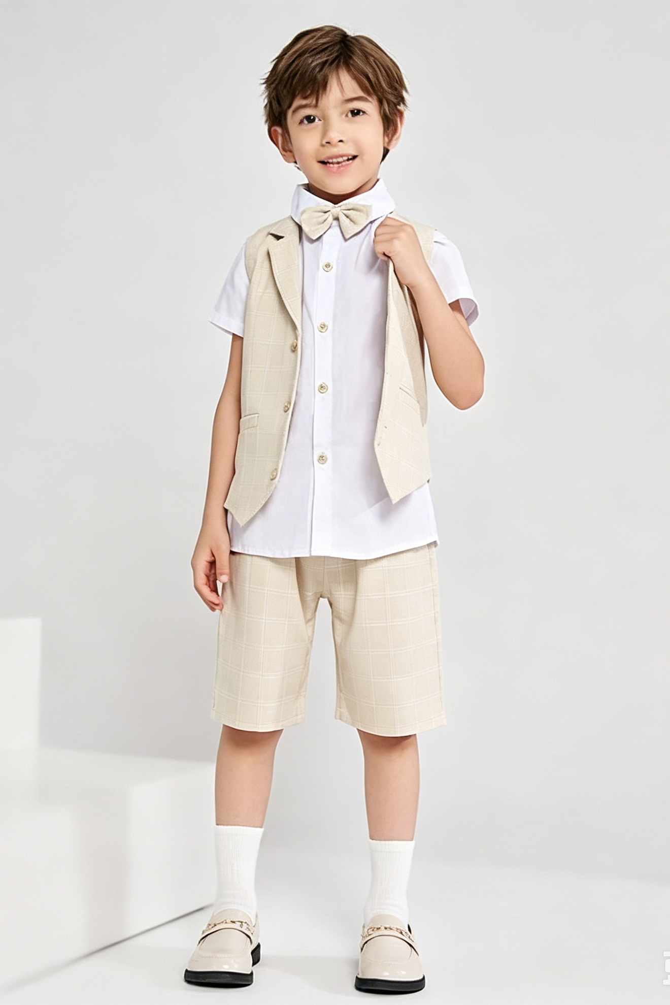 Beige Plaid Serge-Blend Single-Breasted Waistcoat & Shorts 4-Piece Set