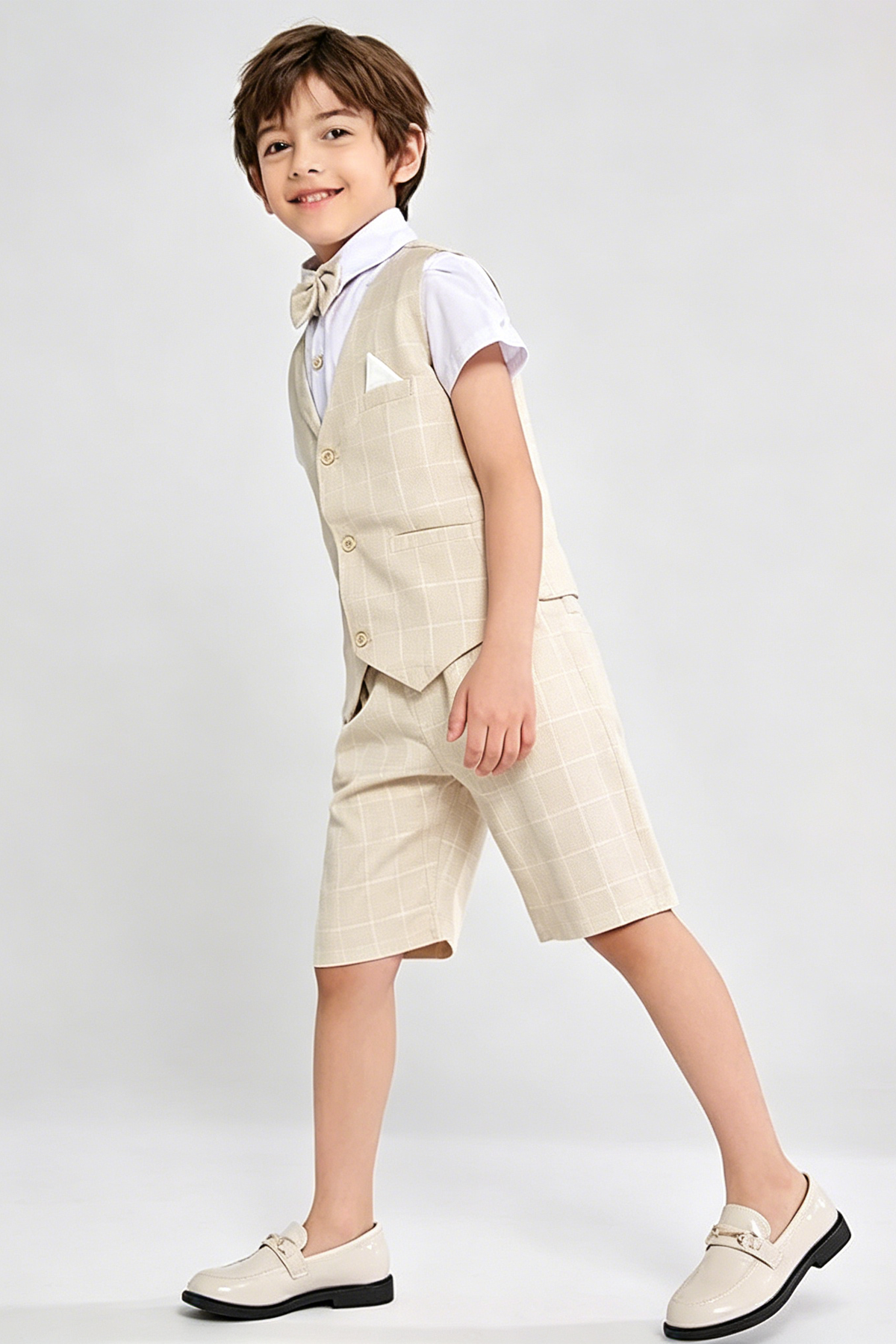 Beige Plaid Serge-Blend Single-Breasted Waistcoat & Shorts 4-Piece Set