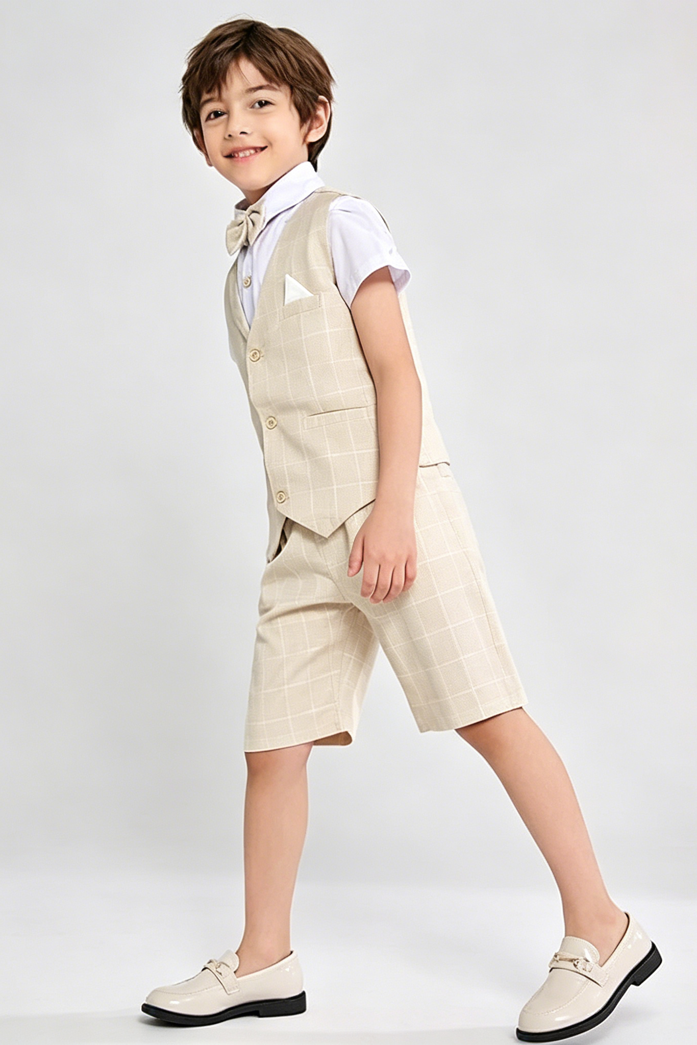 Beige Plaid Serge-Blend Single-Breasted Waistcoat & Shorts 4-Piece Set