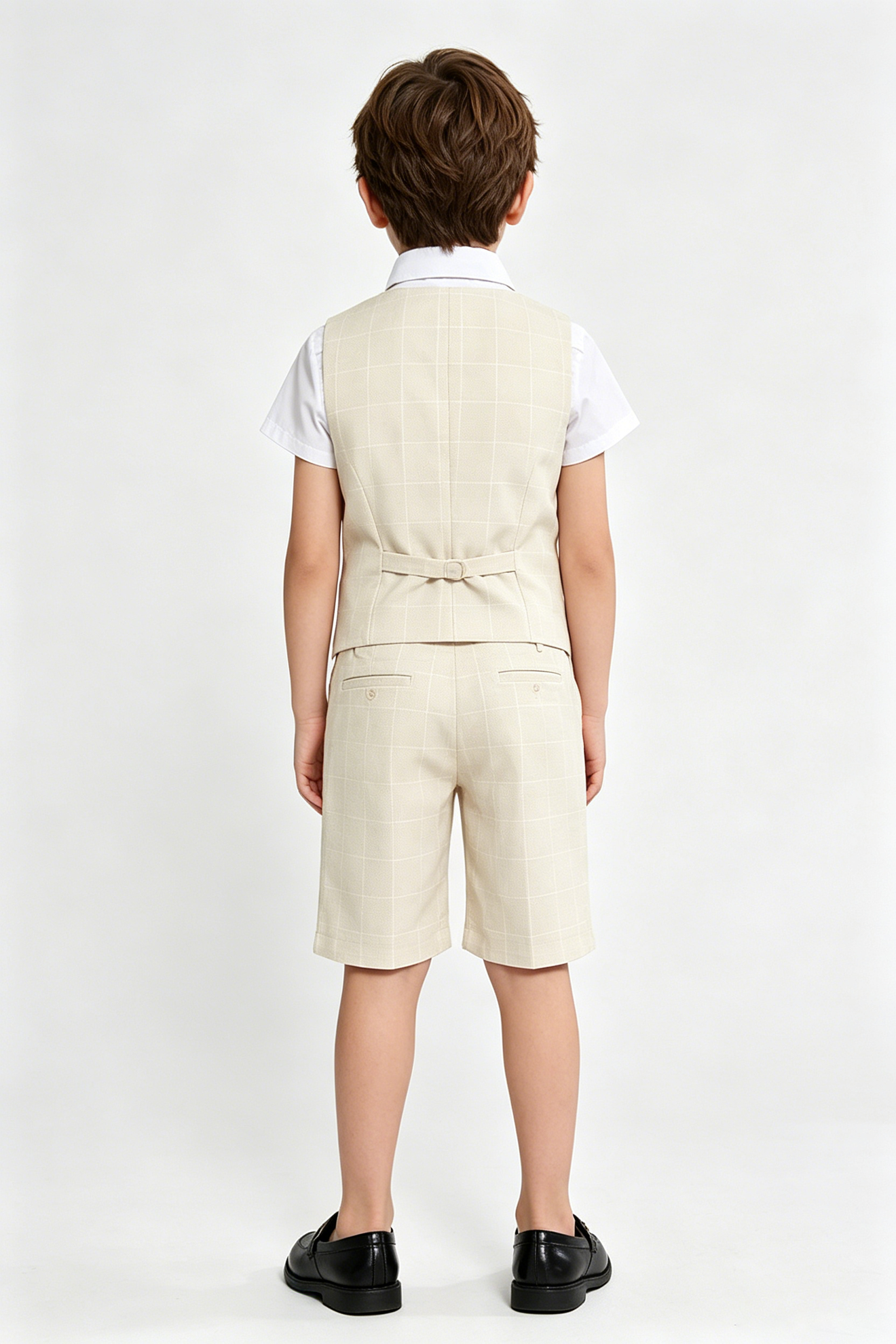 Beige Plaid Serge-Blend Single-Breasted Waistcoat & Shorts 4-Piece Set