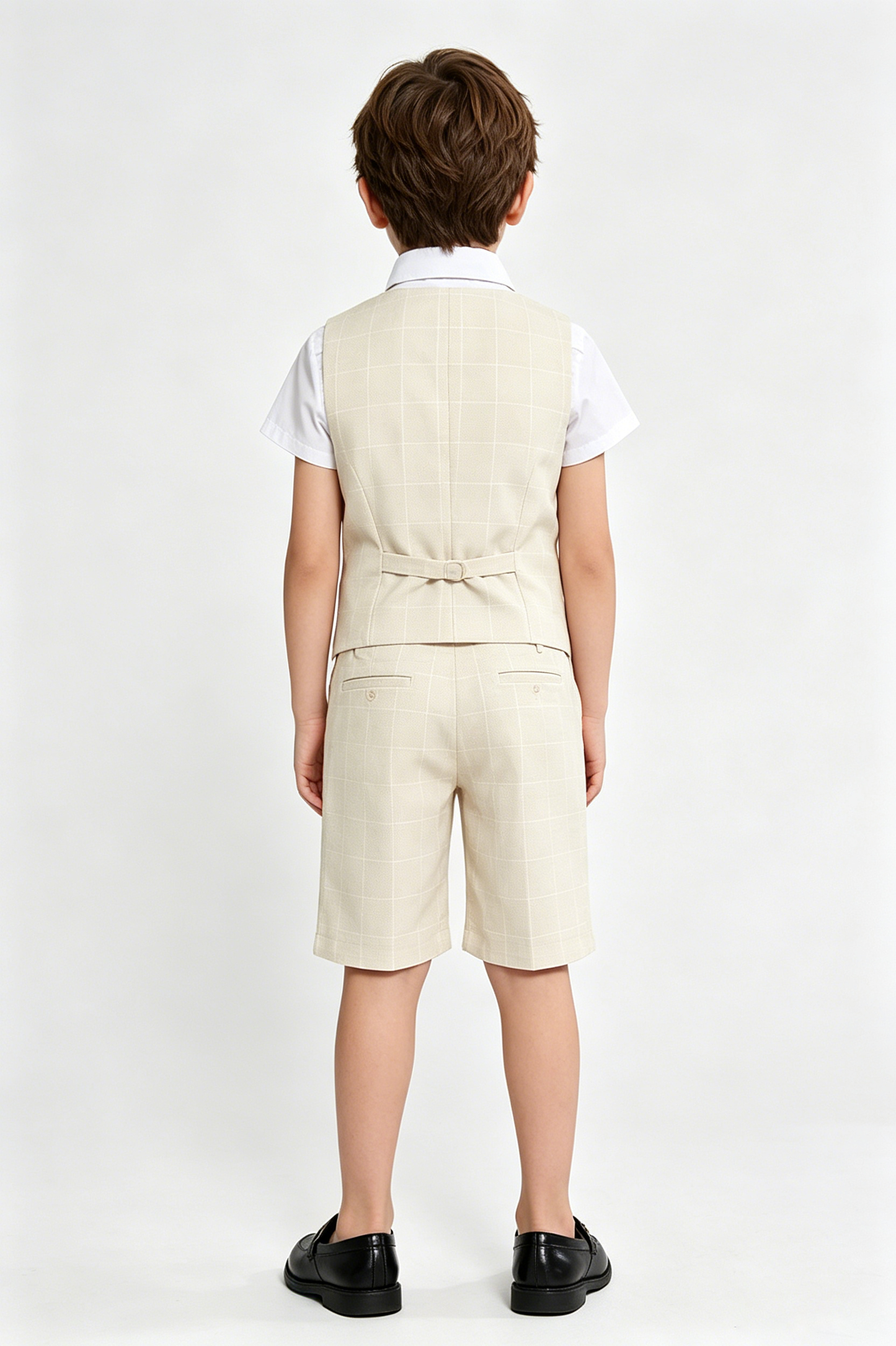 Beige Plaid Serge-Blend Single-Breasted Waistcoat & Shorts 4-Piece Set