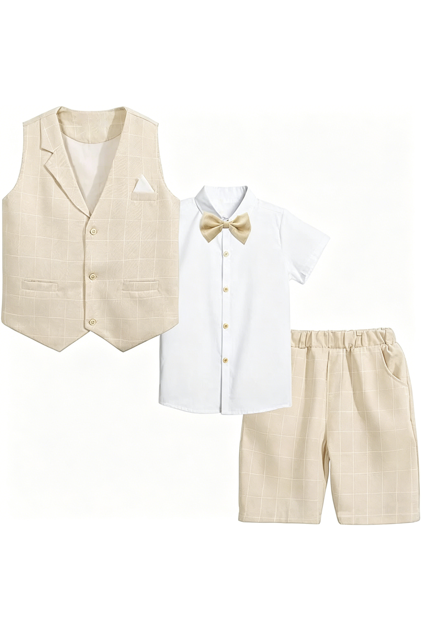 Beige Plaid Serge-Blend Single-Breasted Waistcoat & Shorts 4-Piece Set