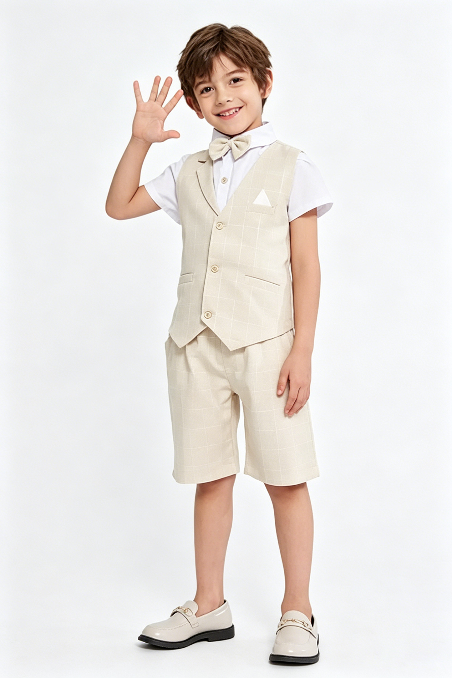 Beige Plaid Serge-Blend Single-Breasted Waistcoat & Shorts 4-Piece Set
