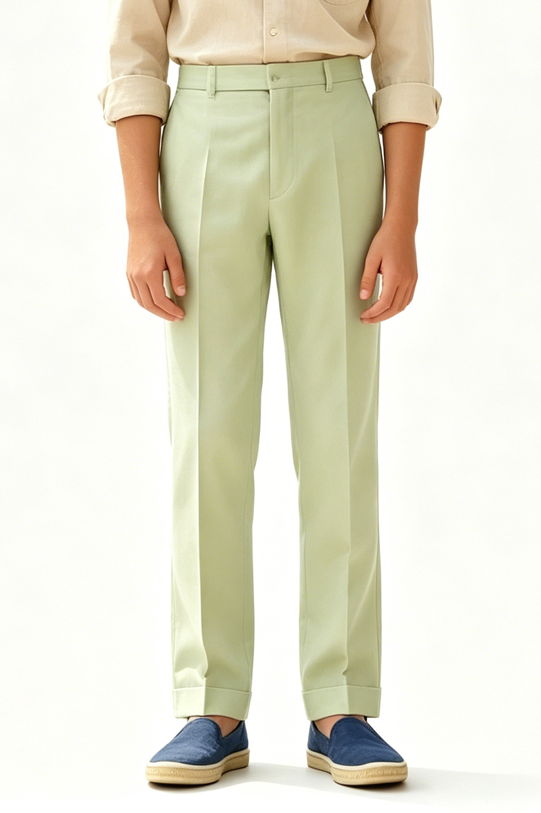 Sage Green Cotton-Linen Blend Straight-Leg Tailored Formal Trousers