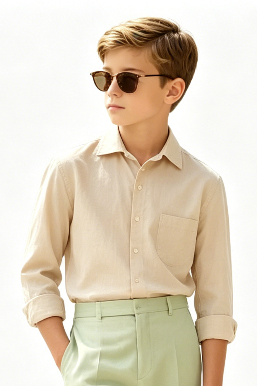 Beige Cotton-Linen Blend Single-Breasted Long-Sleeve Formal Shirt
