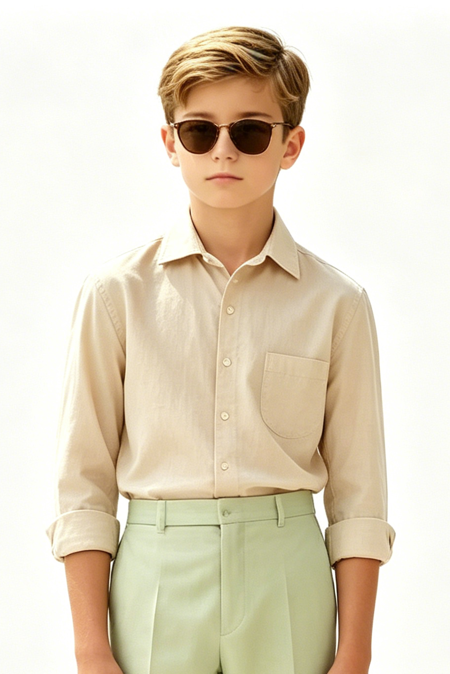 Beige Cotton-Linen Blend Single-Breasted Long-Sleeve Formal Shirt