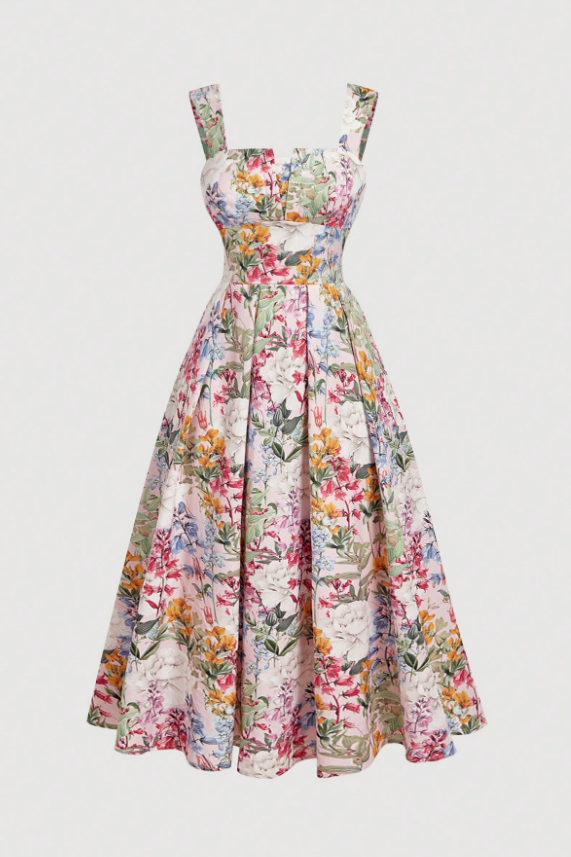 Vintage Floral Print Matte Satin Spaghetti Strap Square Neck A-Line Dress