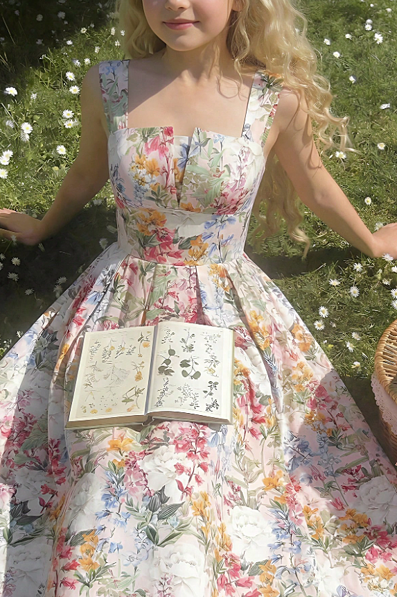 Vintage Floral Print Matte Satin Spaghetti Strap Square Neck A-Line Dress