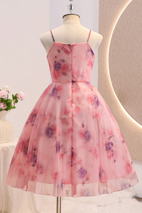 Deep Pink Floral Printed Chiffon Spaghetti Strap Multi-Layer A-Line Dress