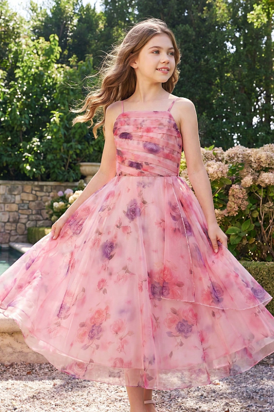 Deep Pink Floral Printed Chiffon Spaghetti Strap Multi-Layer A-Line Dress