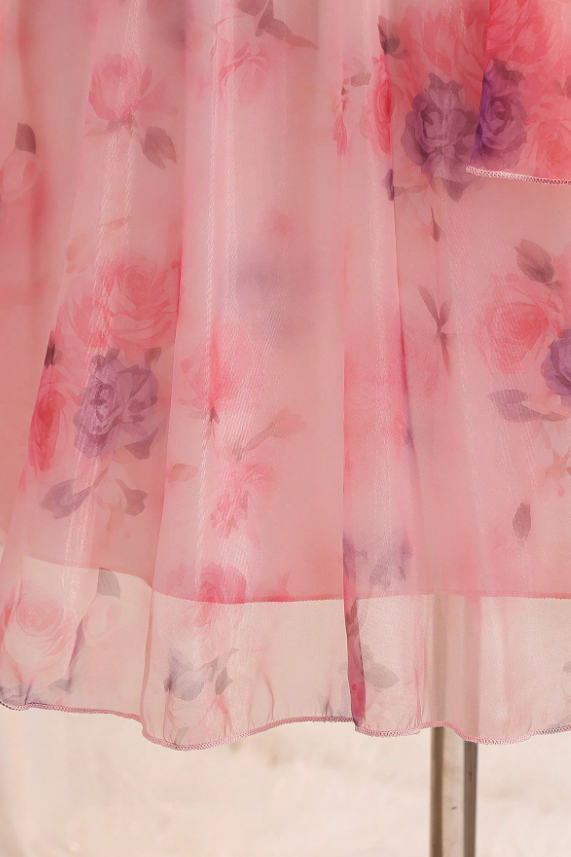 Deep Pink Floral Printed Chiffon Spaghetti Strap Multi-Layer A-Line Dress