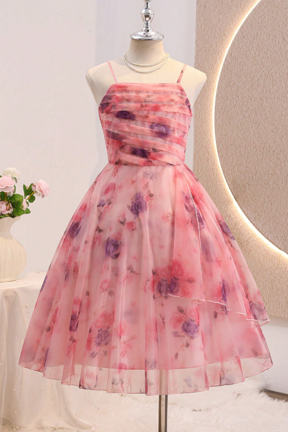 Deep Pink Floral Printed Chiffon Spaghetti Strap Multi-Layer A-Line Dress