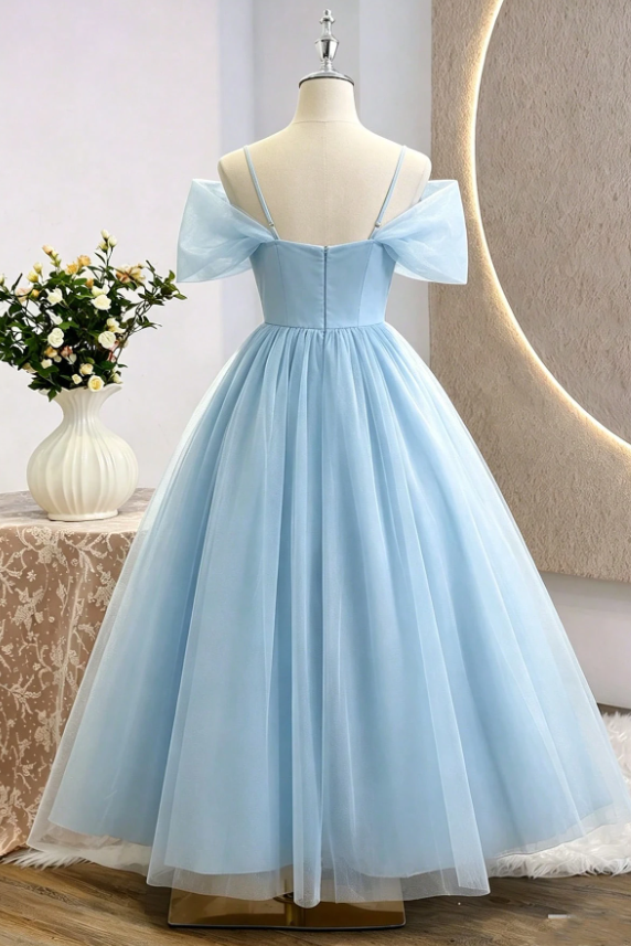 Sky Blue Tulle Off-Shoulder Spaghetti Strap Multi-Layer A-Line Dress