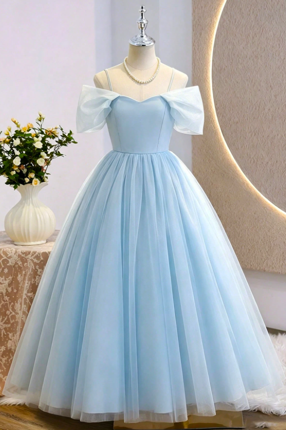 Sky Blue Tulle Off-Shoulder Spaghetti Strap Multi-Layer A-Line Dress