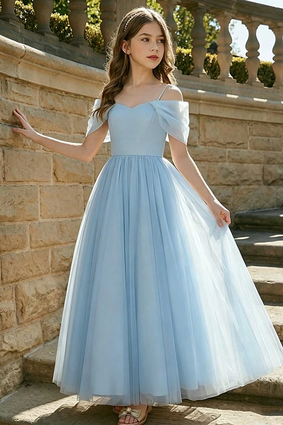 Sky Blue Tulle Off-Shoulder Spaghetti Strap Multi-Layer A-Line Dress
