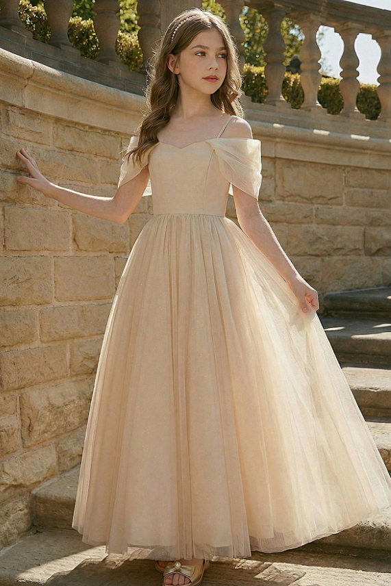 Sky Blue Tulle Off-Shoulder Spaghetti Strap Multi-Layer A-Line Dress