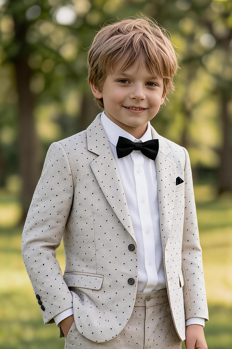 Boys Beige Polka Dot Notch Lapel Blazer & Trousers 2-Piece Suit
