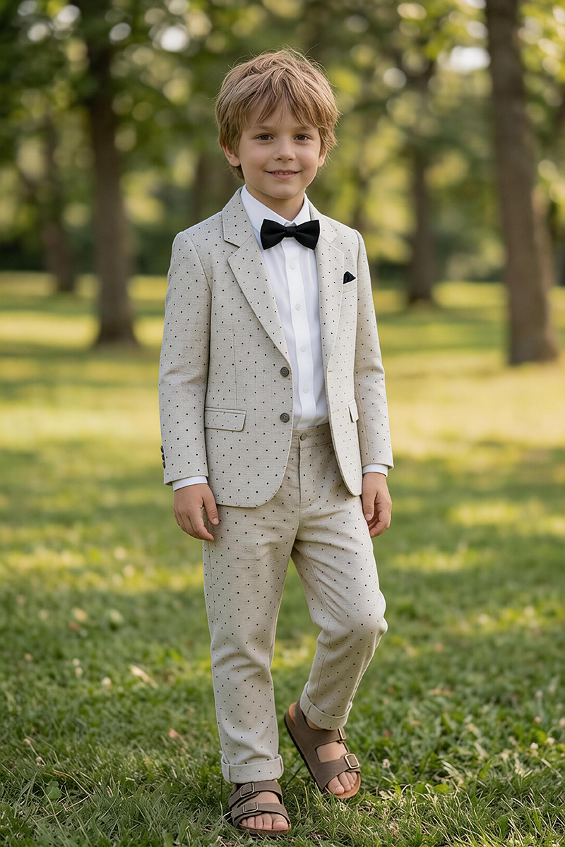 Boys Beige Polka Dot Notch Lapel Blazer & Trousers 2-Piece Suit