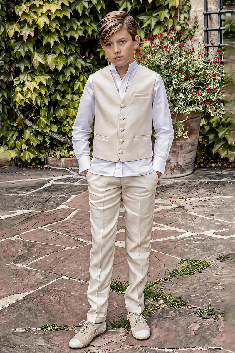 Boys Beige Sleeveless Waistcoat & Trousers 2-Piece Suit