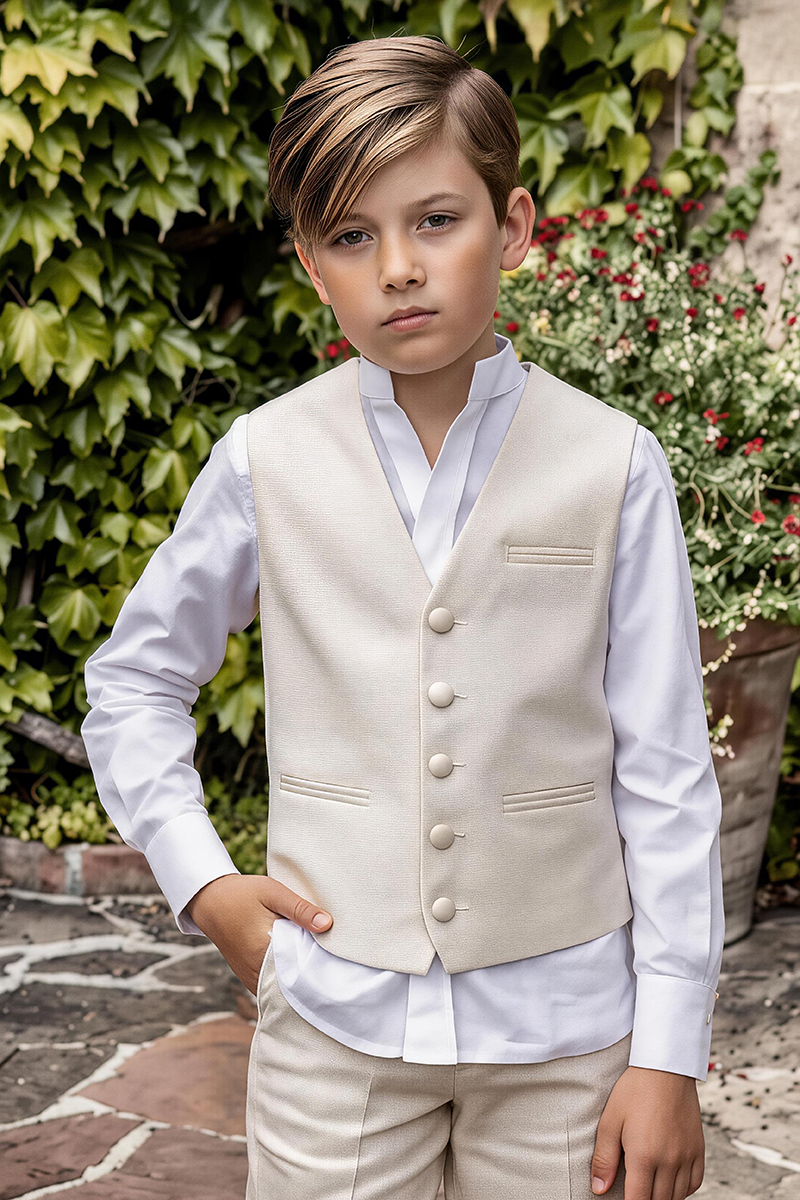 Boys Beige Sleeveless Waistcoat & Trousers 2-Piece Suit