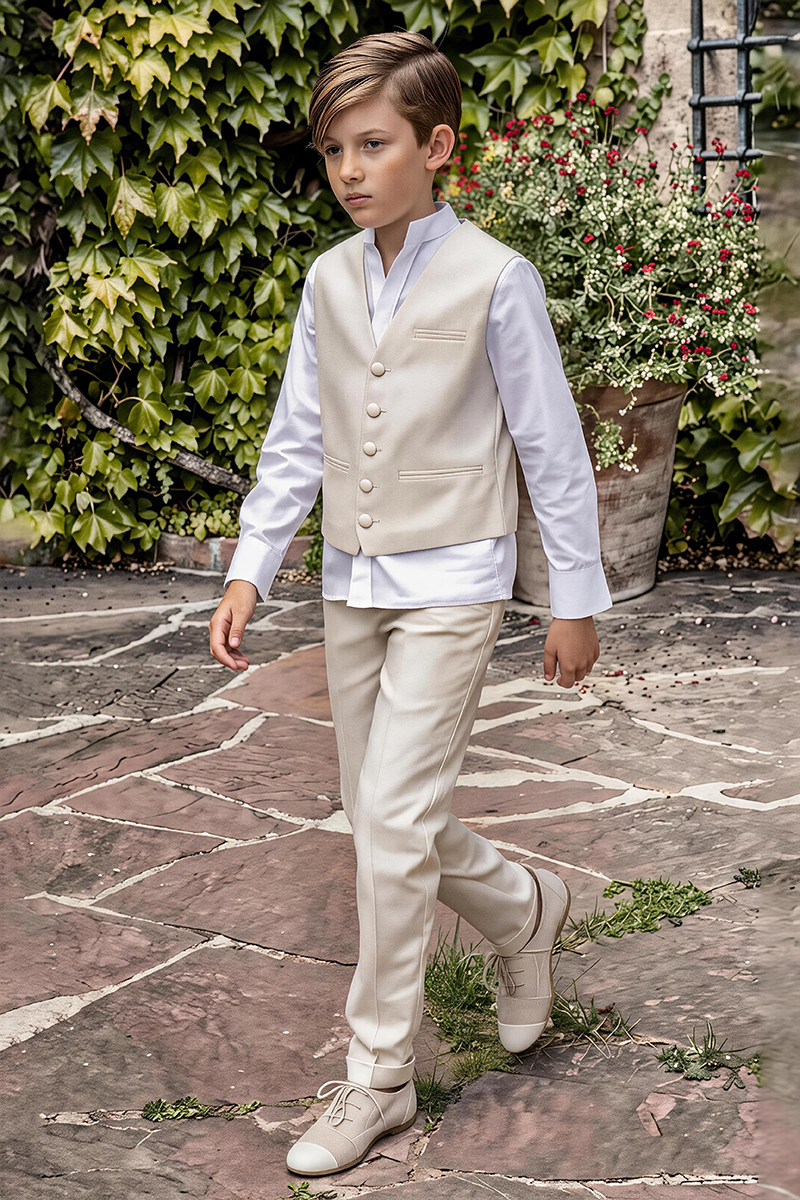 Boys Beige Sleeveless Waistcoat & Trousers 2-Piece Suit