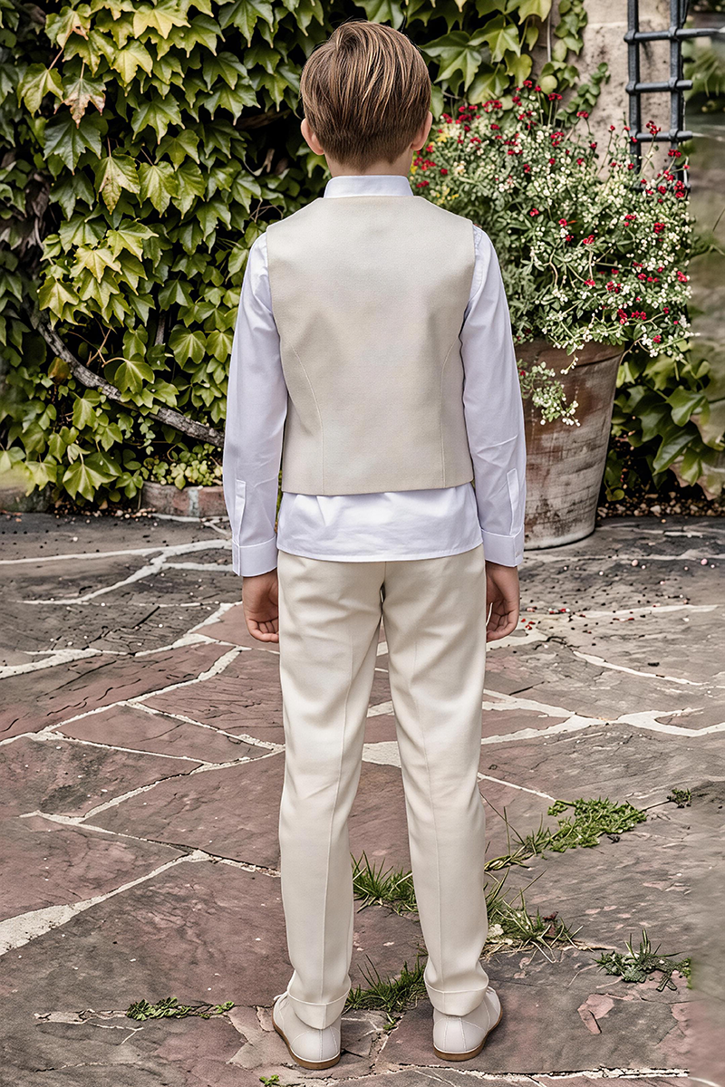 Boys Beige Sleeveless Waistcoat & Trousers 2-Piece Suit