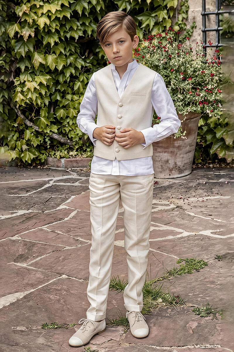 Boys Beige Sleeveless Waistcoat & Trousers 2-Piece Suit