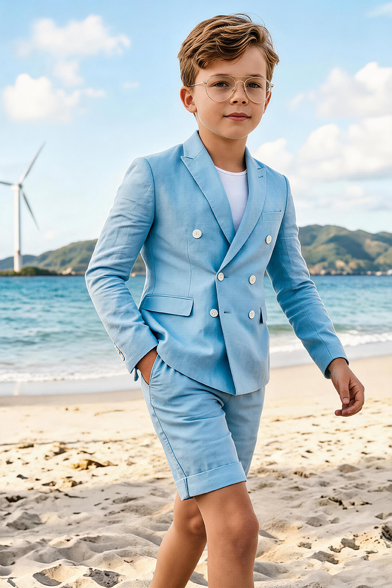 Boys Sky Blue Linen Double Breasted Blazer & Shorts 2-piece Suit