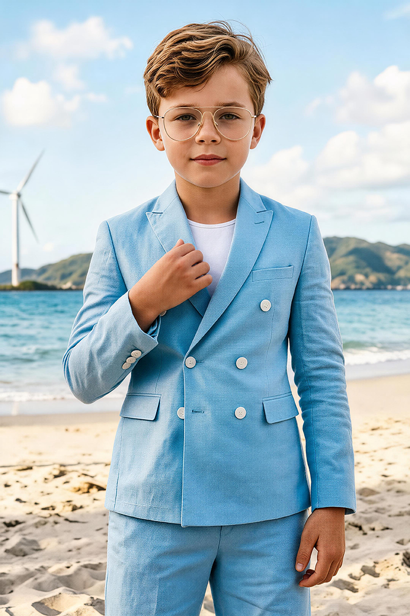 Boys Sky Blue Linen Double Breasted Blazer & Shorts 2-piece Suit