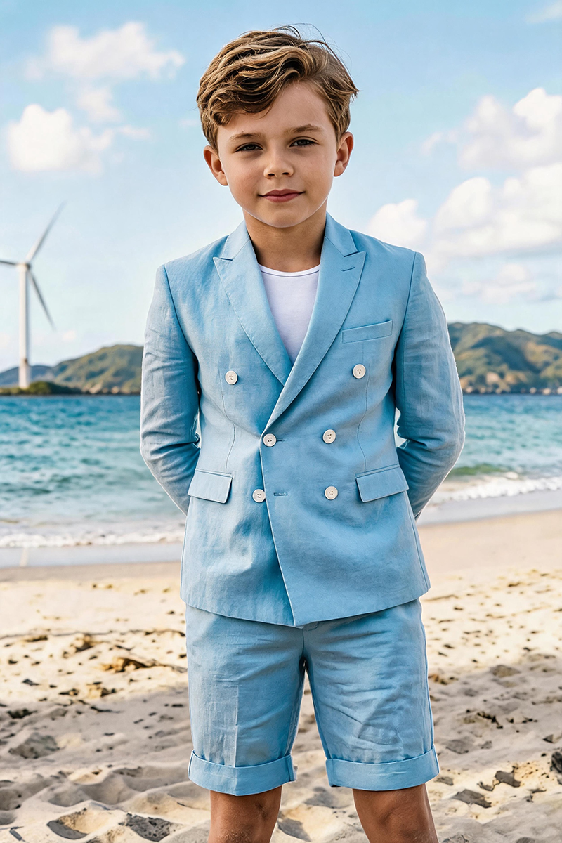 Boys Sky Blue Linen Double Breasted Blazer & Shorts 2-piece Suit