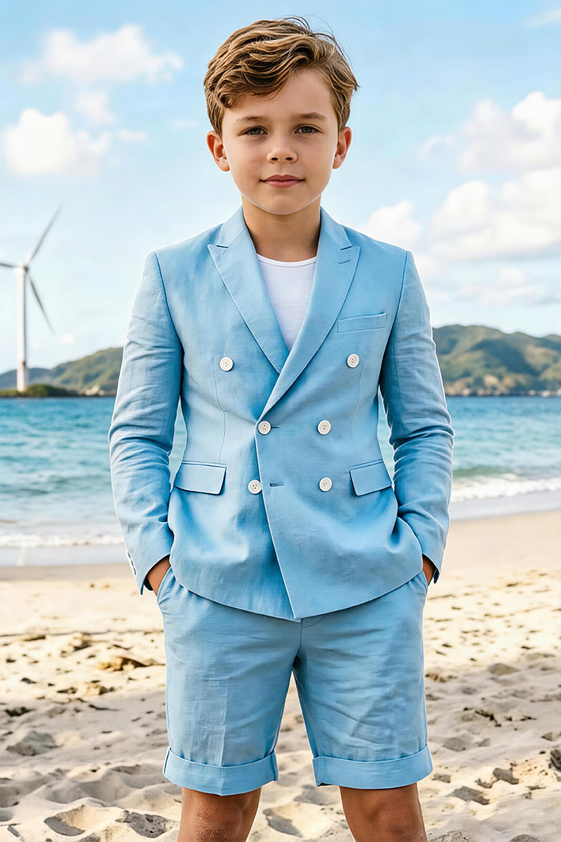 Boys Sky Blue Linen Double Breasted Blazer & Shorts 2-piece Suit