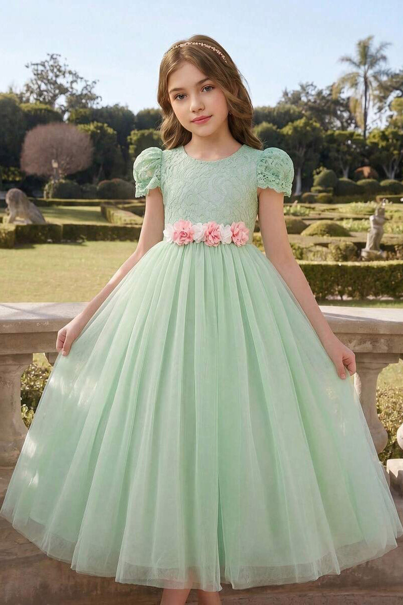 Girls Mint Lace Short Sleeve Floor-Length Tulle Dress