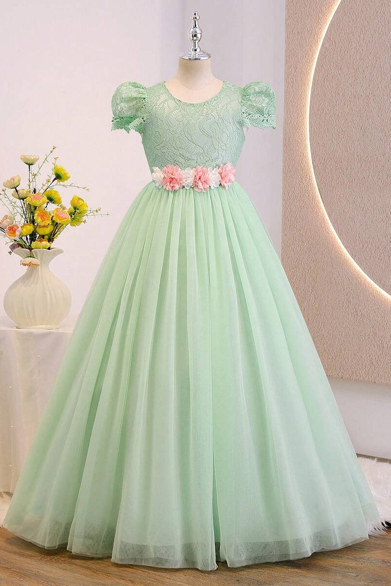 Girls Mint Lace Short Sleeve Floor-Length Tulle Dress