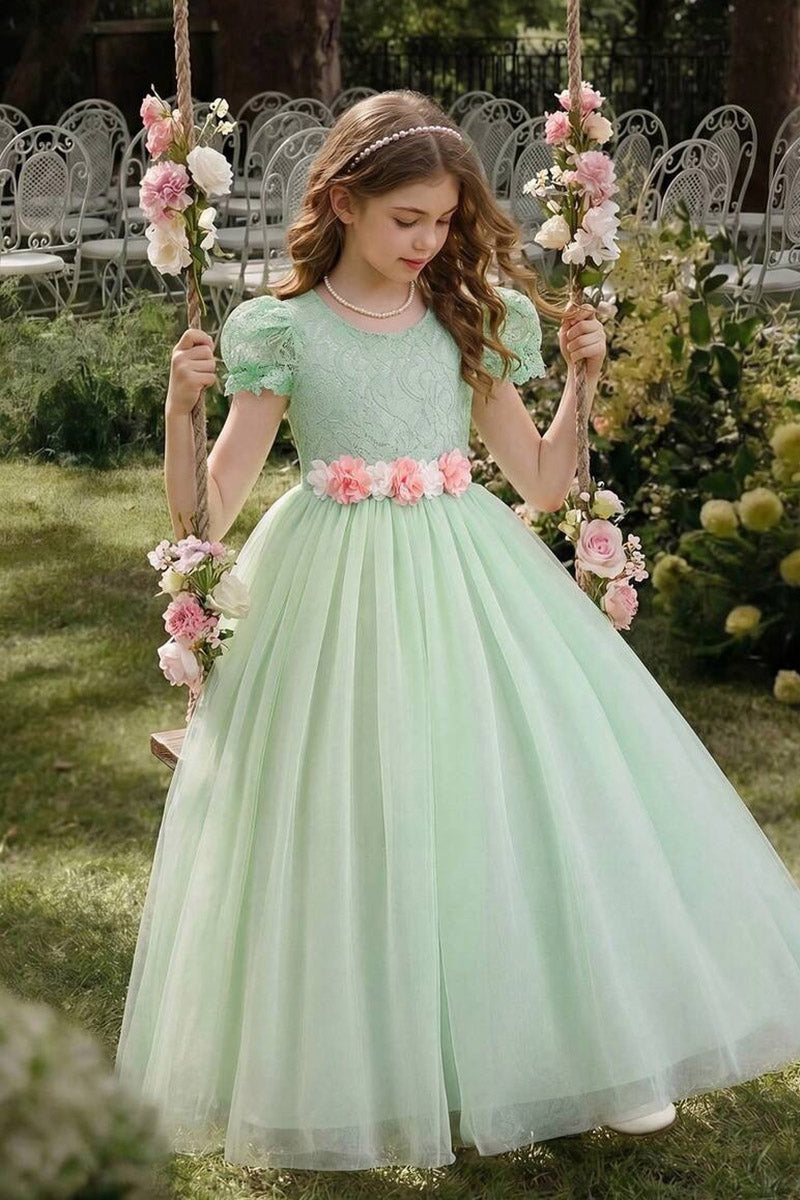 Girls Mint Lace Short Sleeve Floor-Length Tulle Dress