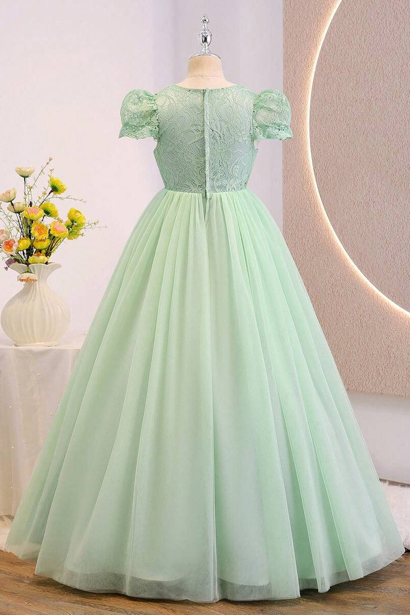 Girls Mint Lace Short Sleeve Floor-Length Tulle Dress