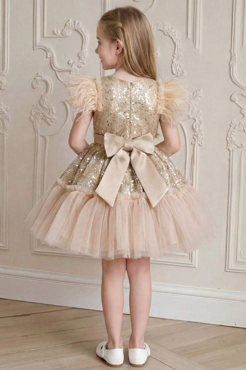 Girls Champagne Sequin Feather Sleeve Mini Tulle Dress