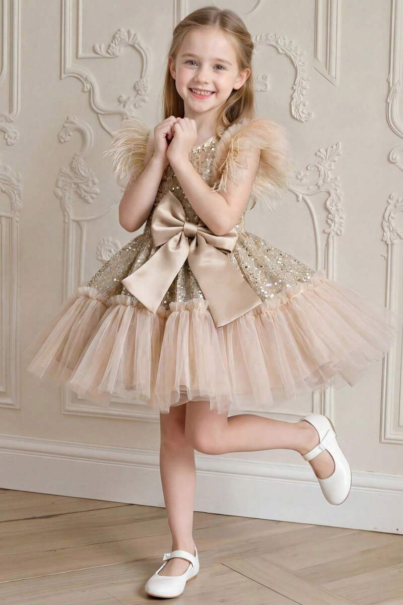 Girls Champagne Sequin Feather Sleeve Mini Tulle Dress